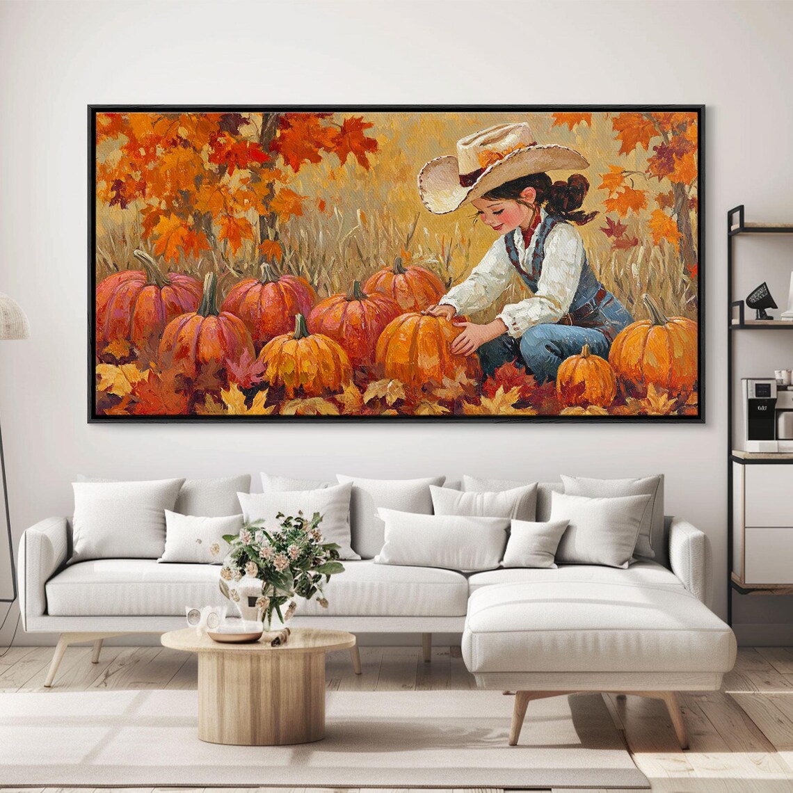 Little Cowgirl Picking Pumpkins In A Fall Pumpkin Patch Art Print - Image 2