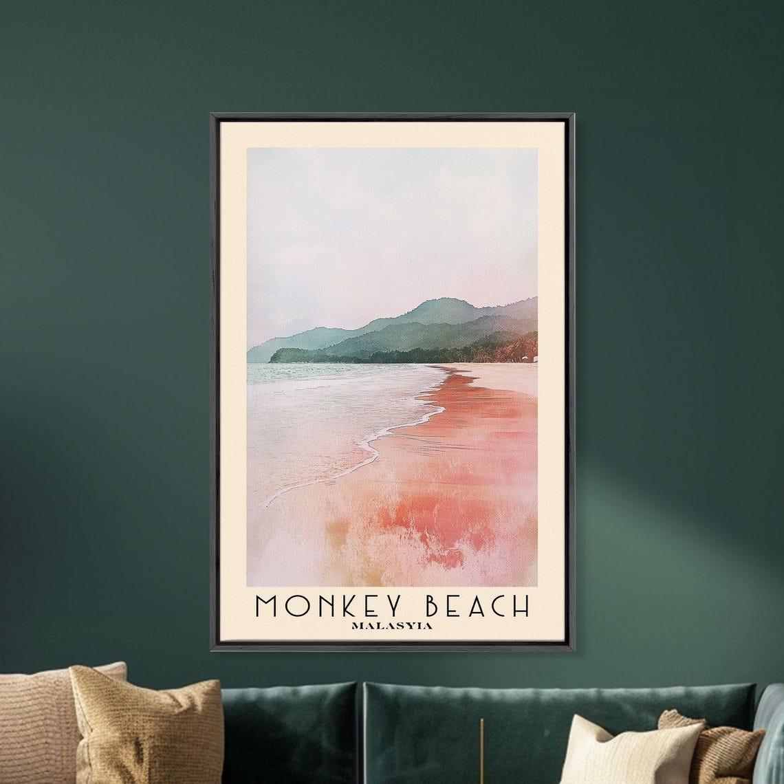 Monkey Beach Malaysia Sunset Calm Shore Palm Hills Watercolor Poster - Image 5
