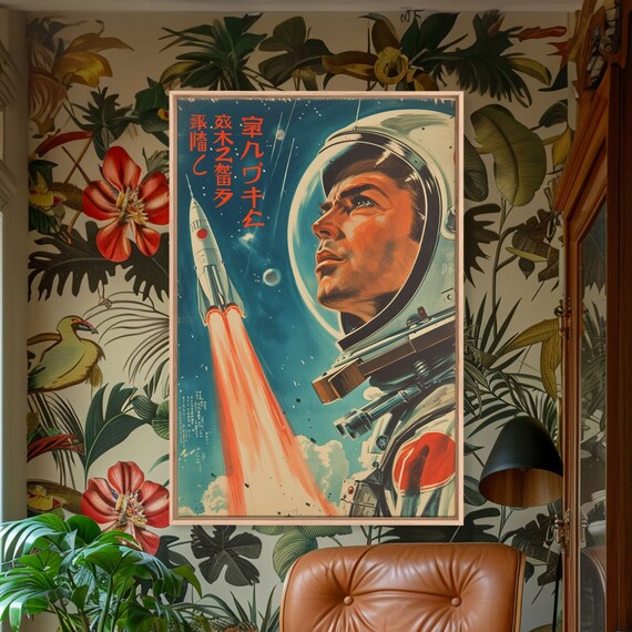 1950s Retro Japanese Space Age Astronaut Rocket Launch Travel Poster