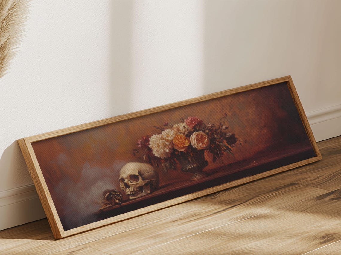 Skull Roses Gothic Still Life Dark Academia Panoramic Oil Wall Poster - Image 2