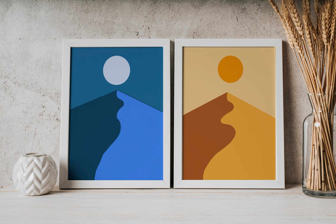 Matching Set of 2 Desert Sun and Moon Minimalist Artwork Poster