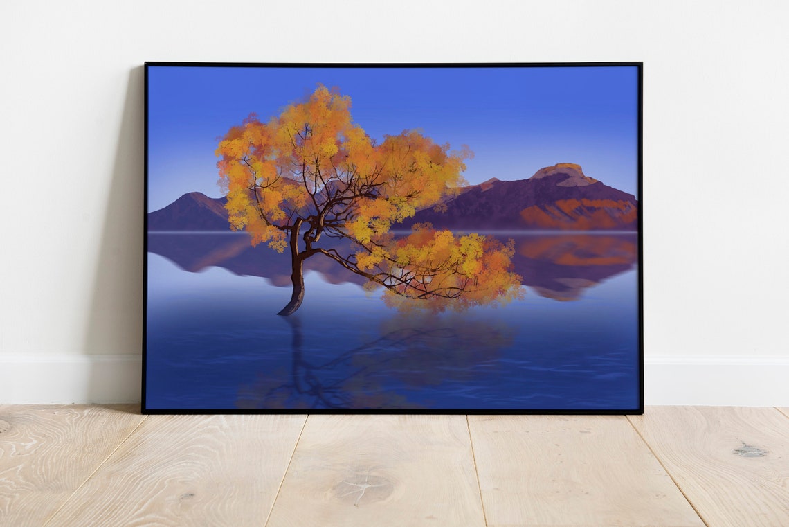Golden Lone Tree Reflected in Still Blue Mountain Lake Art Poster