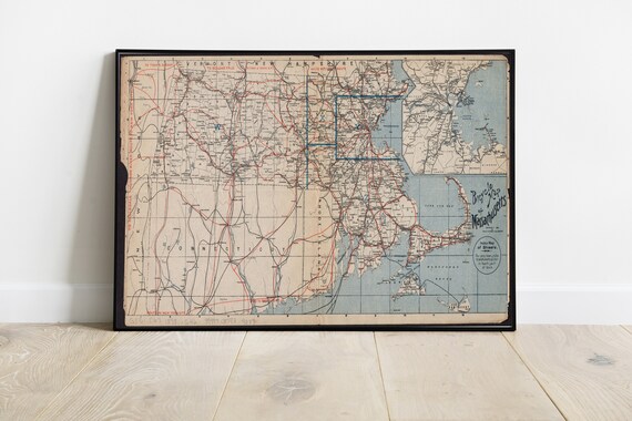 Antique Bicycle Map Print Wall Art Design Chart Massachusets Instant