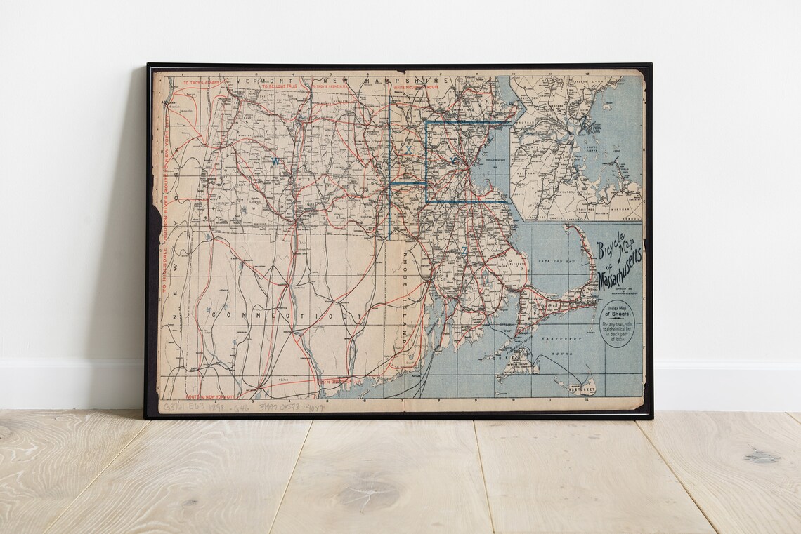 Antique Bicycle Map Print Wall Art Design Chart Massachusets Instant