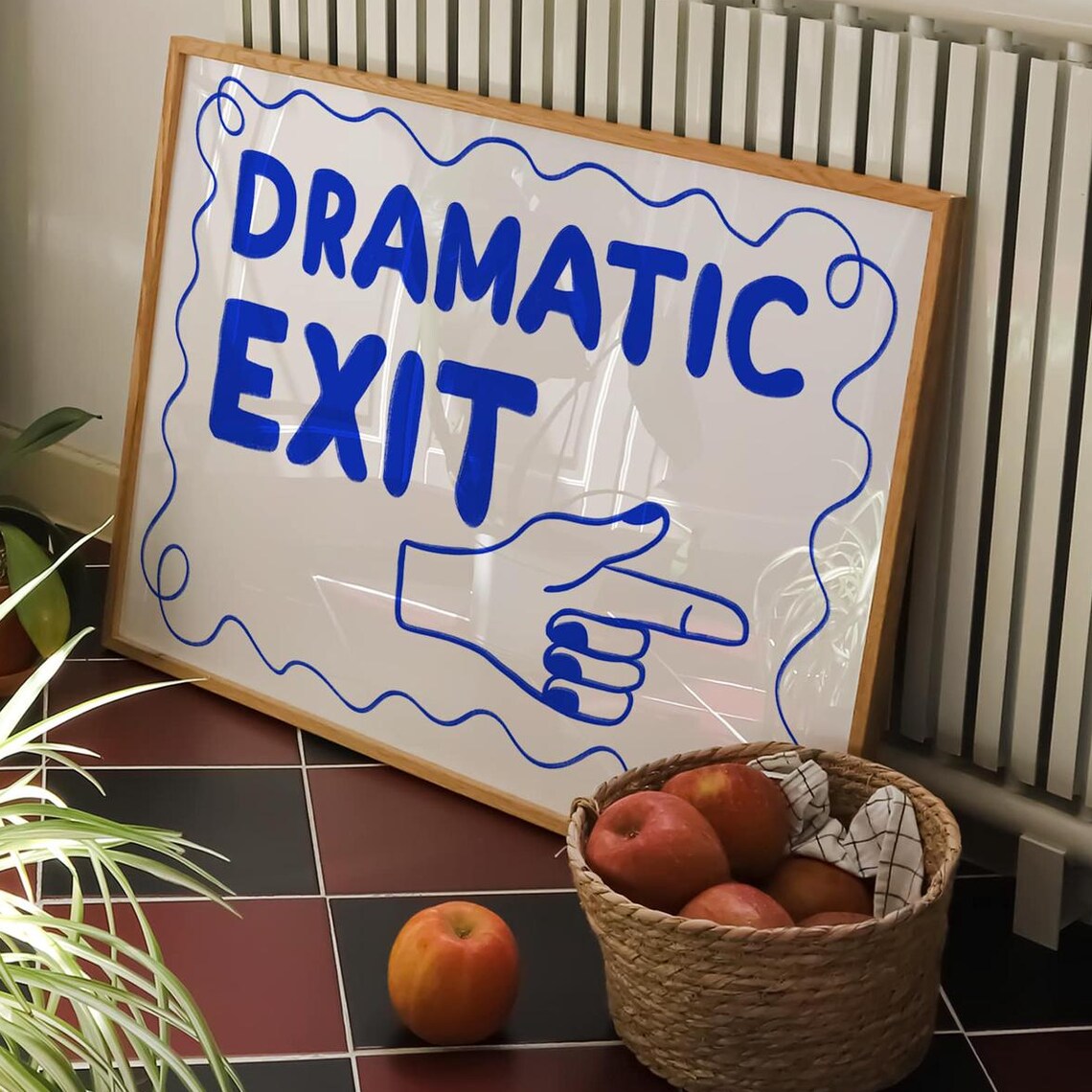 Dramatic Exit Bold Blue Hand Lettered Typography With Pointing Hand Poster