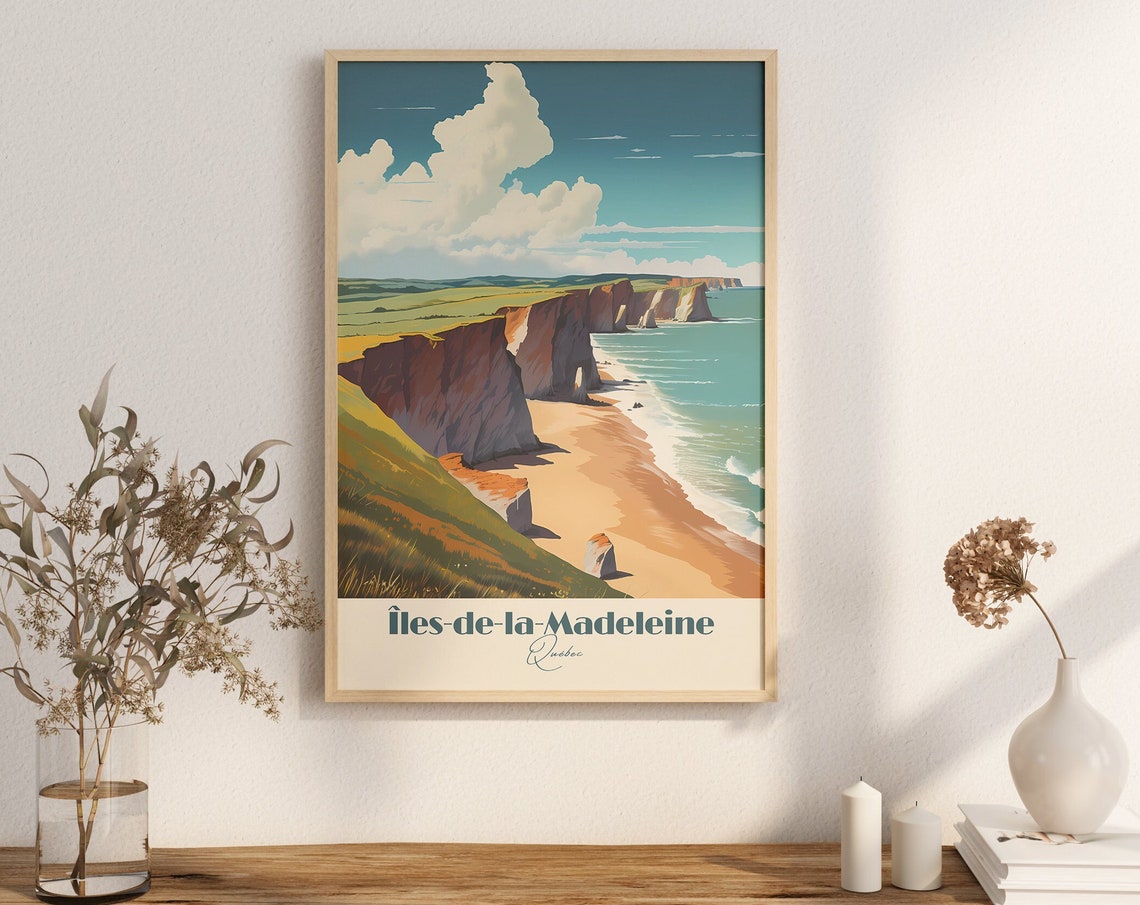 Iles de la Madeleine Quebec Red Cliffs Beach Vintage Travel Poster