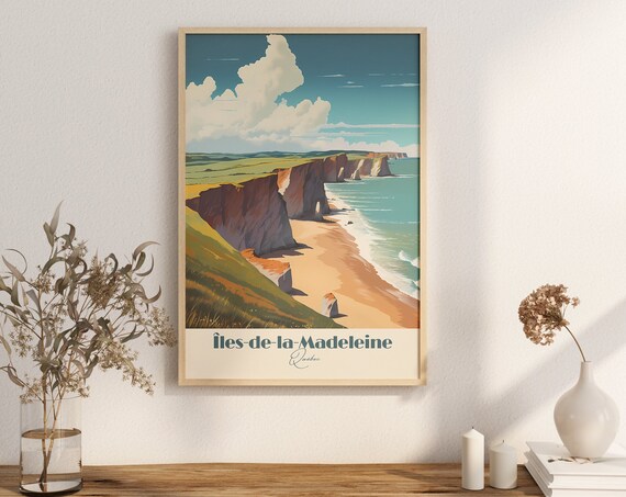 Iles de la Madeleine Quebec Red Cliffs Beach Vintage Travel Poster