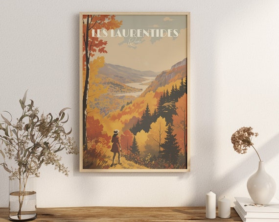 Print Laurentides Poster Wall Decor Laurentian Mountains Art Canada Skiing Hike Fall Camping Vintage