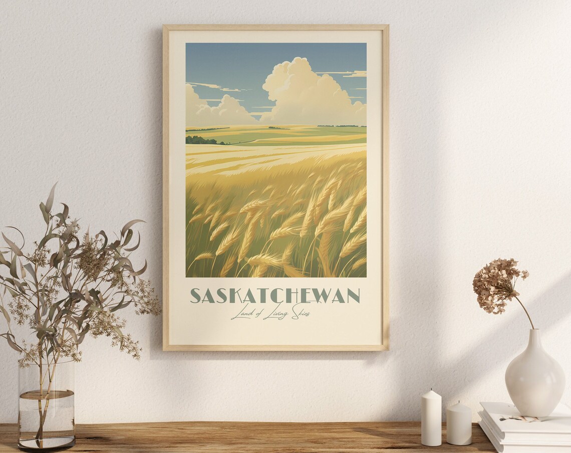 Saskatchewan Land of Living Skies Wheat Field Vintage Travel Poster