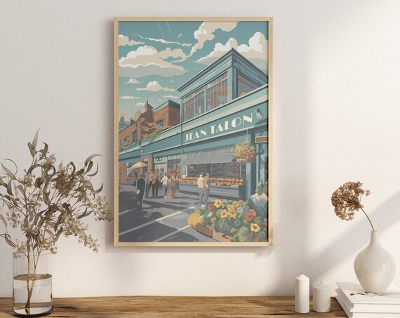 Jean Talon Market Montreal Bustling Street Scene Colorful Travel Poster