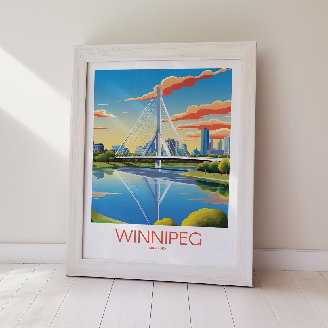 Winnipeg Manitoba Cable Stayed Bridge Sunset Retro Travel Poster - Image 2