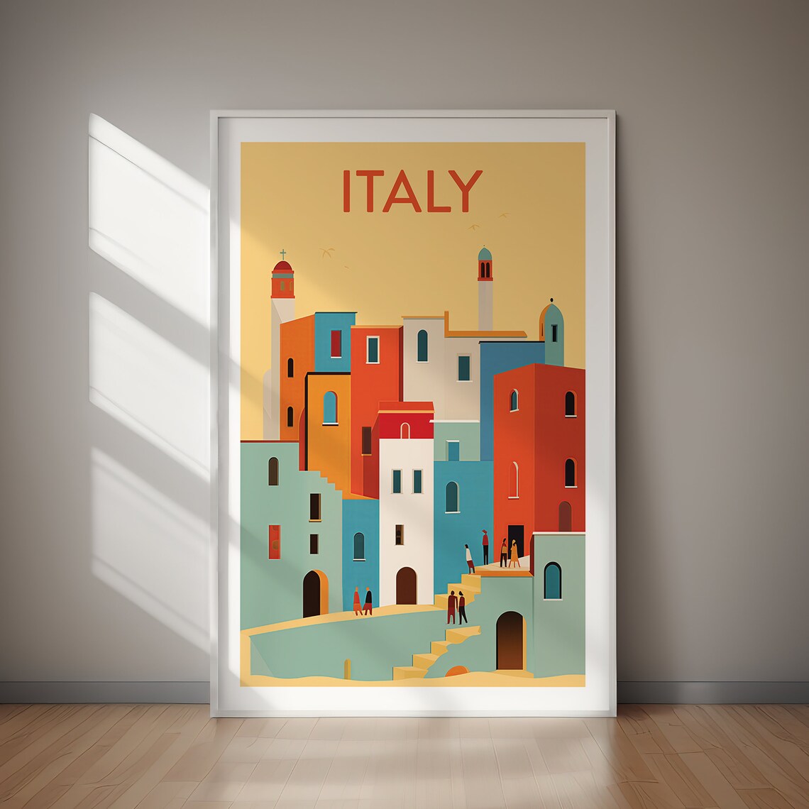 Italy Colorful Coastal Village Geometric Retro Travel Art Poster