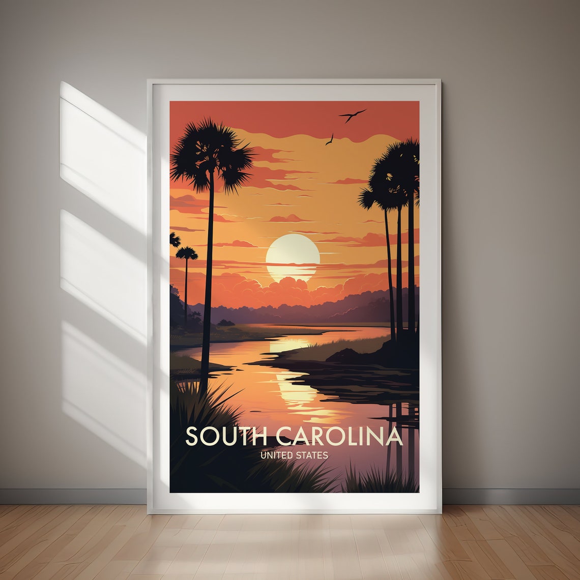 South Carolina Coastal Palm Marsh Sunset Retro Travel Poster