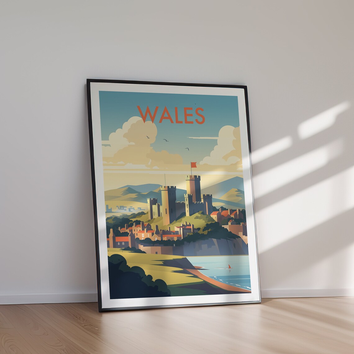 Wales Historic Coastal Castle Beach Sailboat Vintage Travel Poster - Image 2