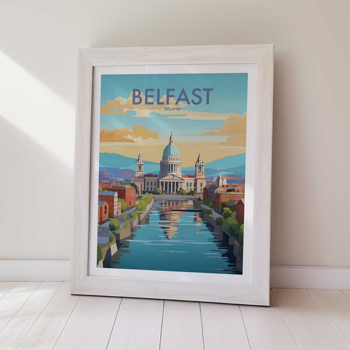 Belfast Ireland Domed Hall On River At Dusk Travel Art Poster - Image 2