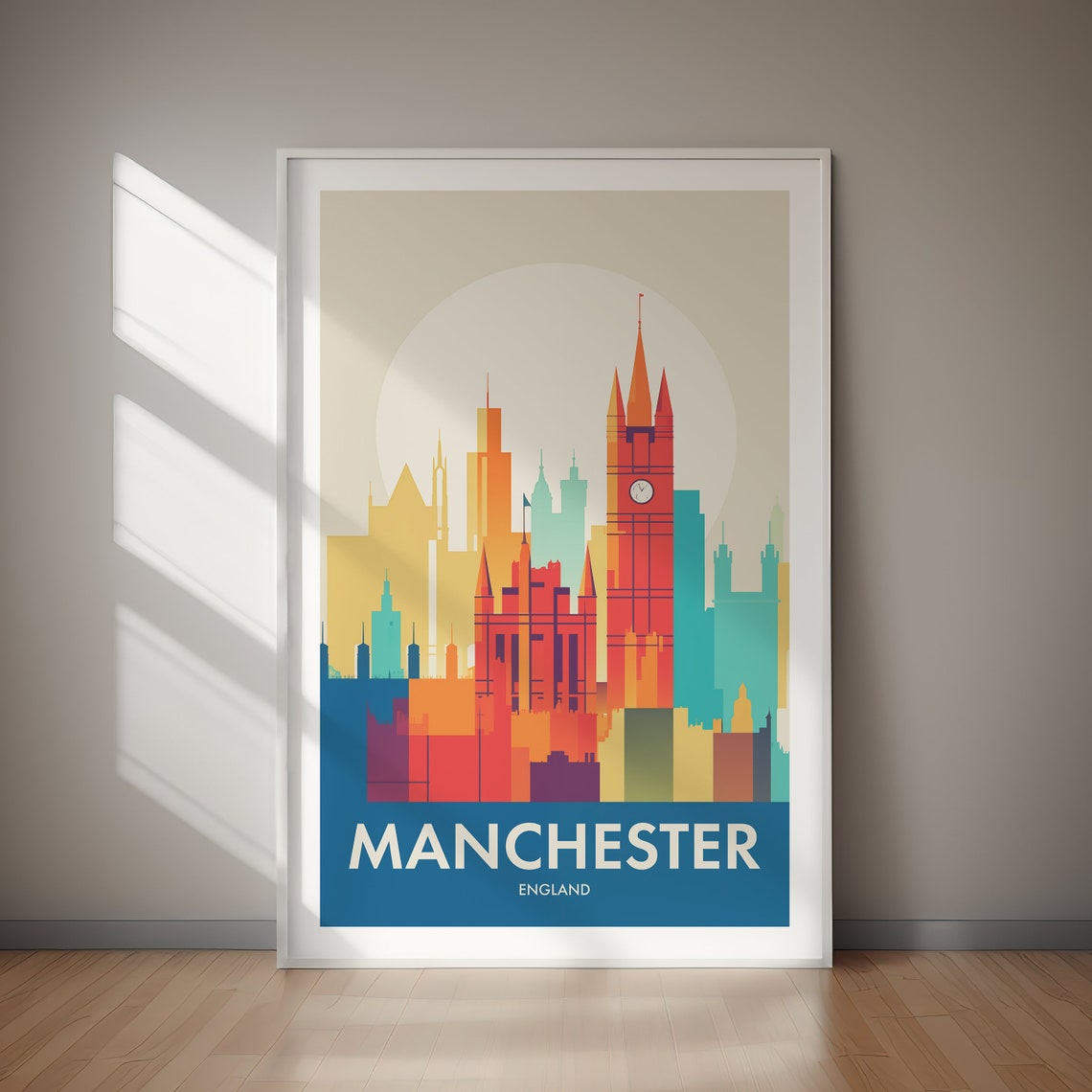 Manchester England Retro Sunset Skyline Clock Tower Travel Poster