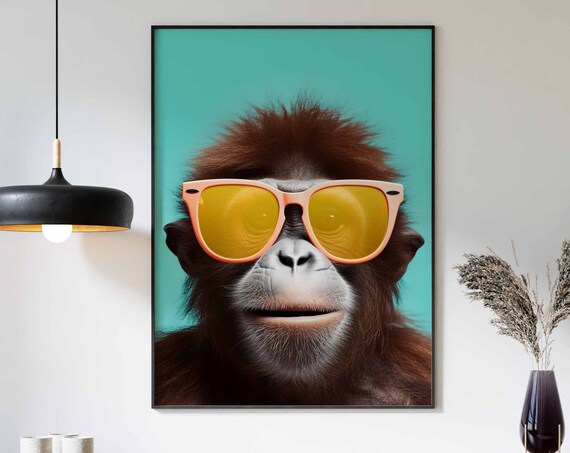Orangutan Wearing Orange Sunglasses on a Teal Background Poster