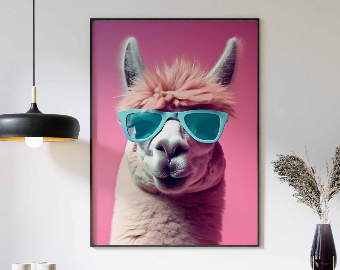 Fluffy Llama Wearing Teal Sunglasses on a Pink Background Poster