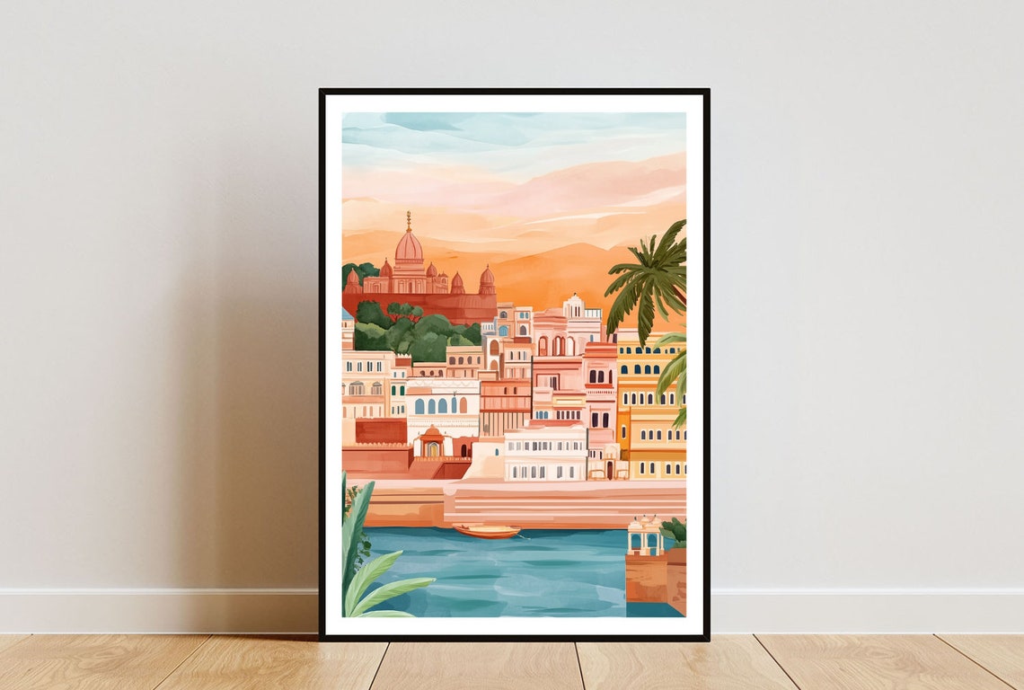 Varanasi Ganges Sacred Riverfront Sunset Temples Scenic Art Poster
