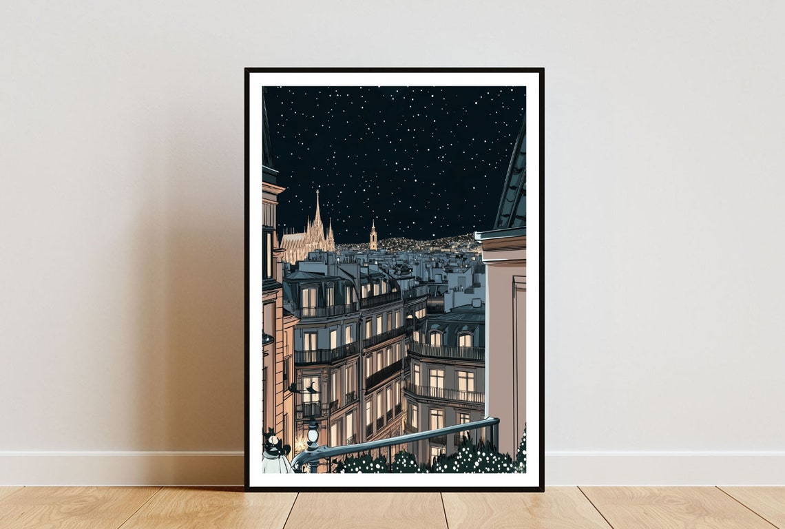 Barcelona Night Rooftops Cathedral Spire Starry Sky City Poster