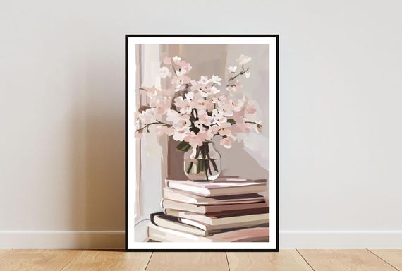 Bookshelf Poster Book Print Book Wall Art Book Art Poster Library Print Flower Poster Cherry Blossom Wall Art Flower Print Book Art