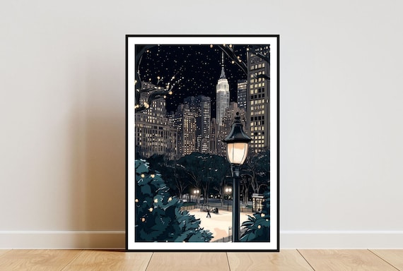 Central Park New York Night Travel Poster Skyline Lamppost Art