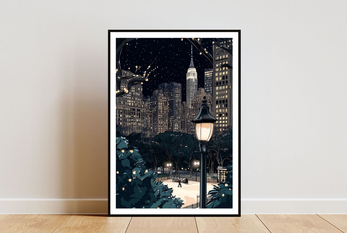 Central Park New York Night Travel Poster Skyline Lamppost Art