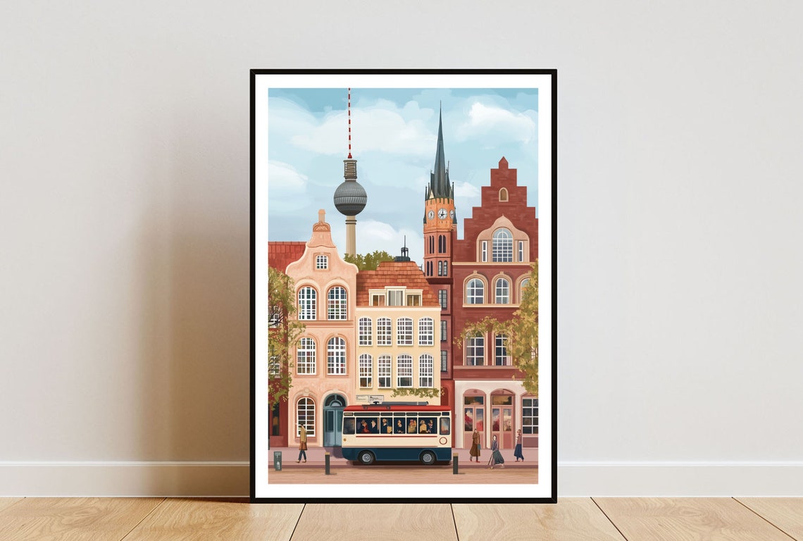 Berlin TV Tower Tram and Historic Buildings Cityscape Poster