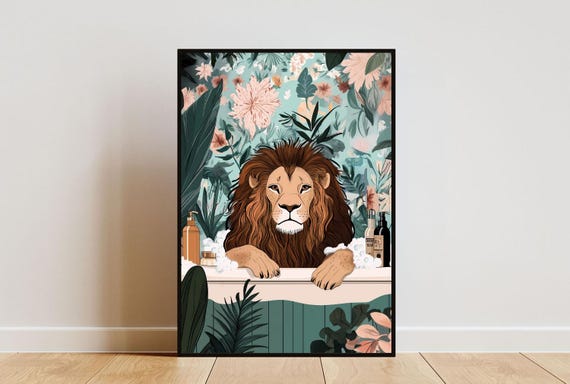 Lion In Bath Poster Bathtub Poster Bathroom Print Lion Poster Lion Wall Art Bathtub Print Boho Bathroom Poster Lion Print Bath Print