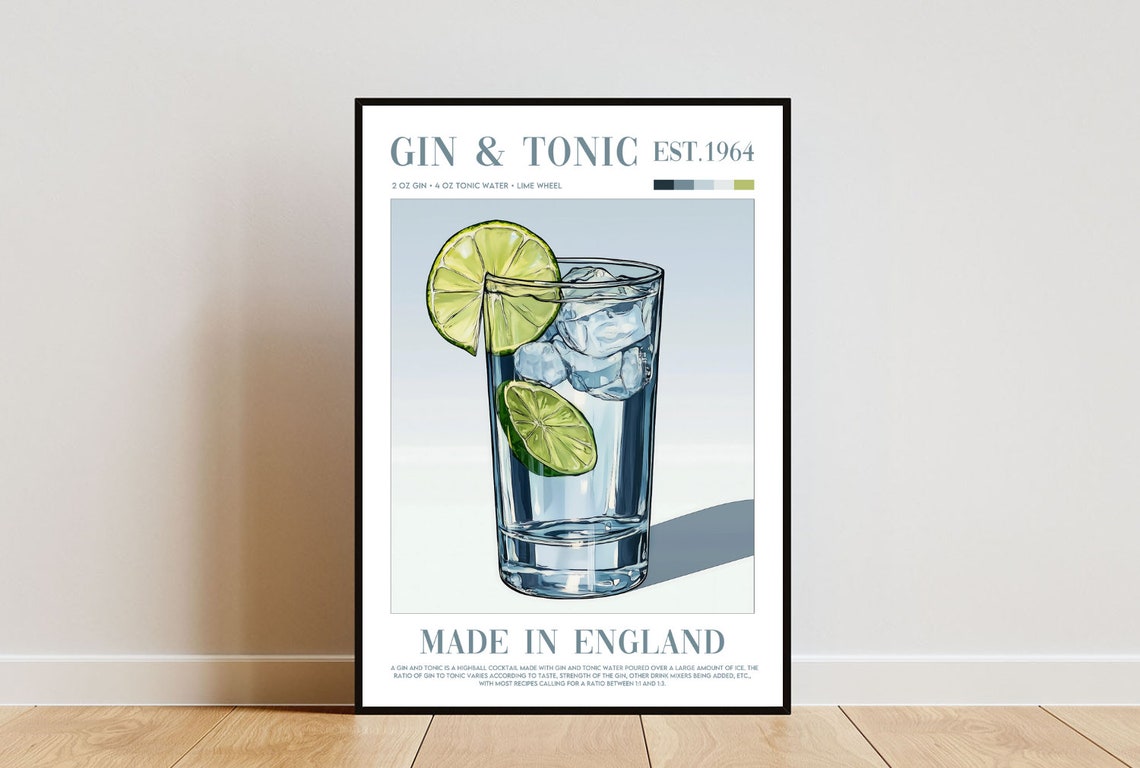 Gin and Tonic Cocktail Illustration Highball Kitchen Bar Poster