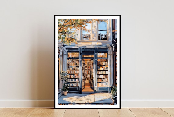 Sunlit Vintage Bookshop Storefront Tall Shelves Autumn Poster