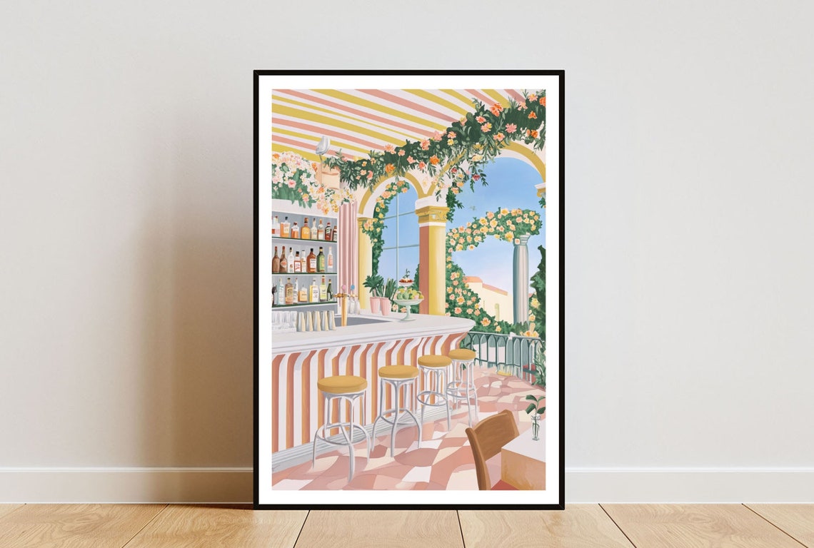Floral Terrace Cocktail Bar Coastal Resort Illustration Poster