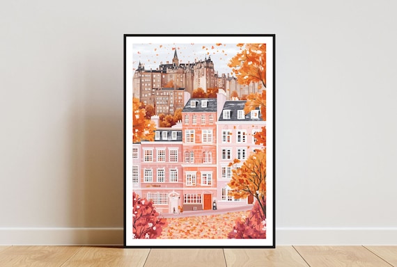 Edinburgh Castle In Autumn Orange Foliage And Pink Townhouses Poster