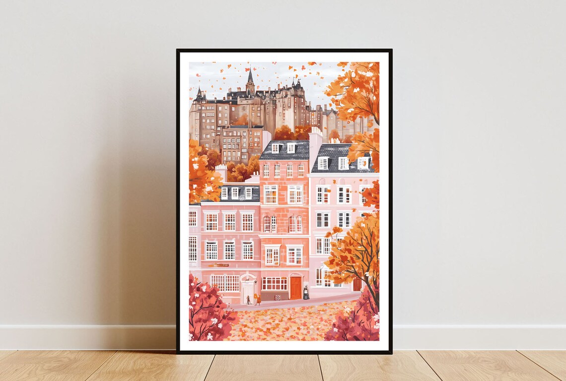Edinburgh Castle In Autumn Orange Foliage And Pink Townhouses Poster