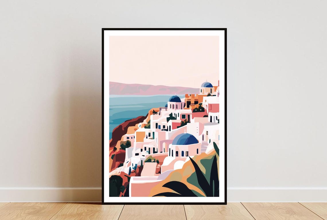 Santorini Blue Dome Churches Illustration Poster with Aegean Sea View