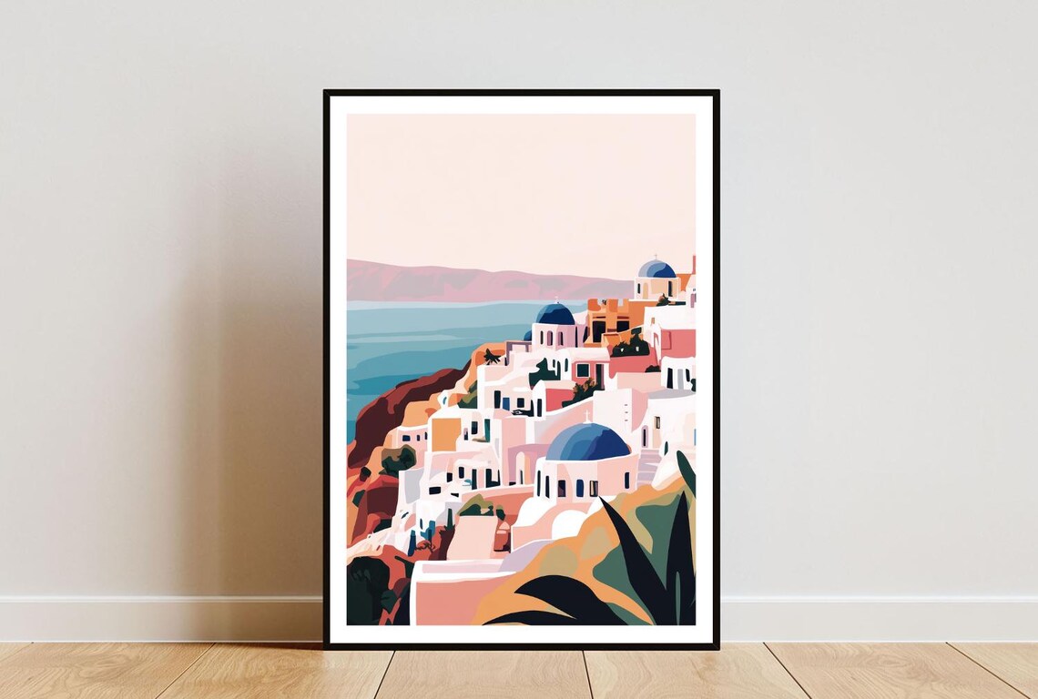 Santorini Poster Santorini Print Greece Wall Art Travel Poster Greek Art Santorini Greece Santorini Wall Art Pastel Art Oil Painting