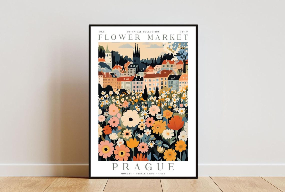 Prague Flower Market Botanical Collection Poster with Old Town Skyline