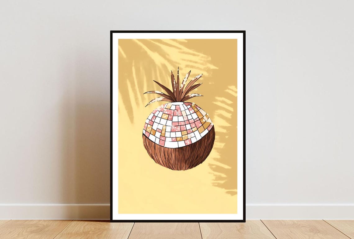 Disco Ball Coconut Tropical Kitchen Art Print Groovy Wall Decor