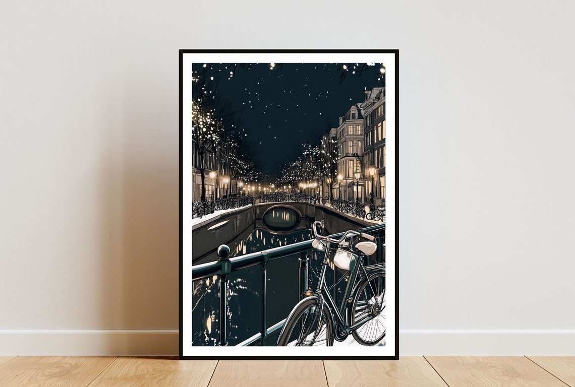 Amsterdam Canal At Night Bicycle Bridge Lights City Travel Poster