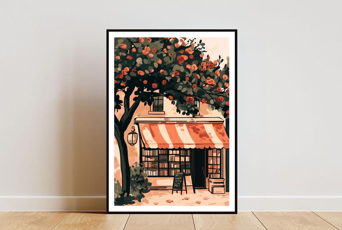 Cozy Bookshop Storefront Art Print Warm Book Lover Wall Decor