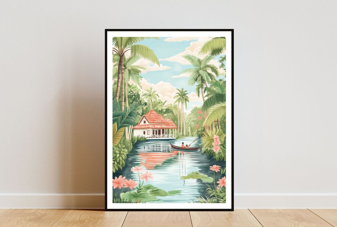 Kerala India Backwater Canal Palm Houseboat Travel Art Poster