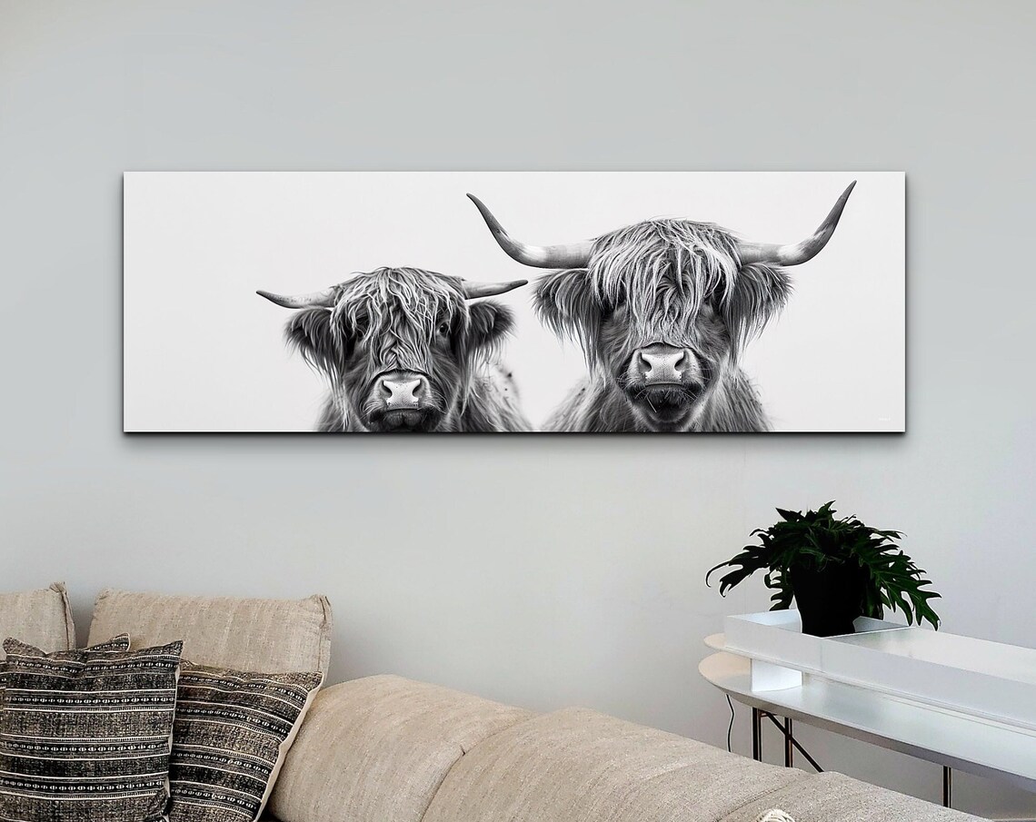 Highland Cow Pair Black and White Panoramic Farmhouse Wall Art