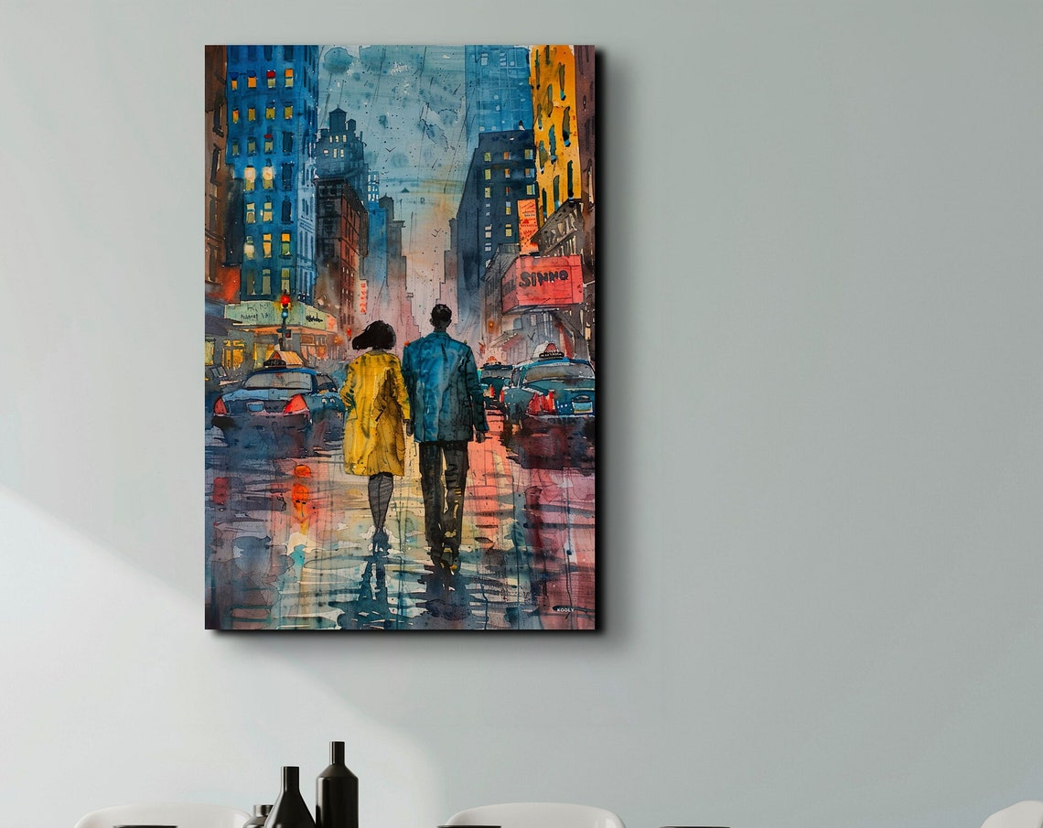 Romantic Couple In New York City Rain Watercolor Cityscape Wall Art
