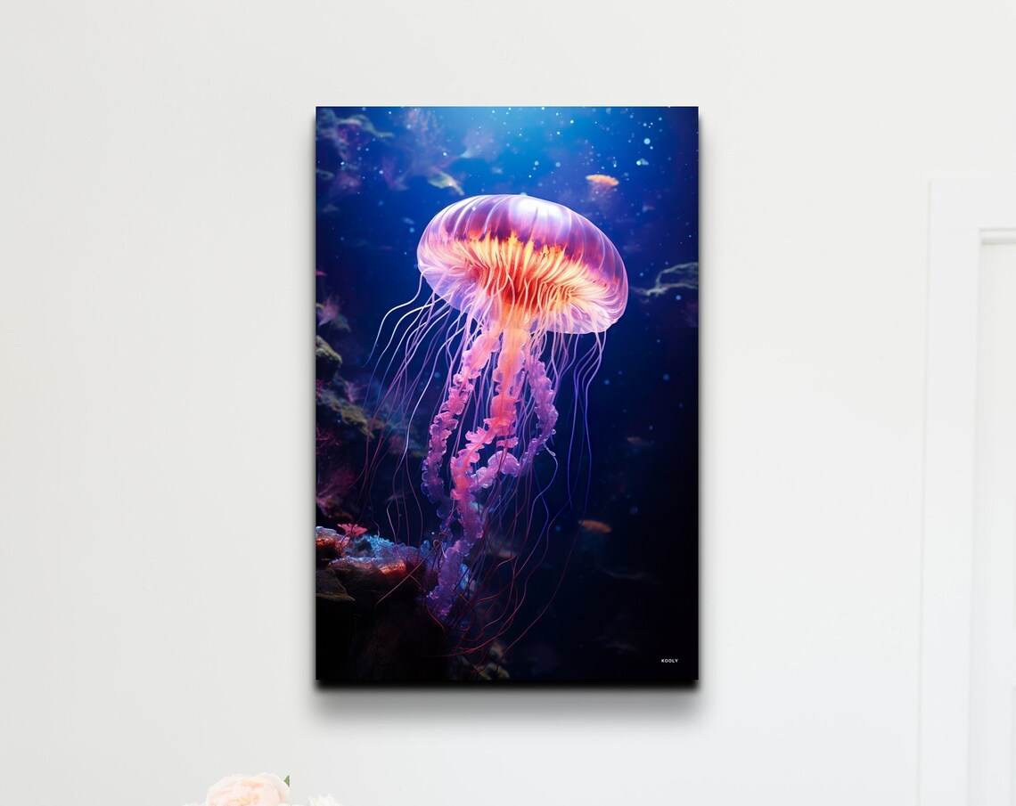 Bioluminescent Jellyfish Floating With Sunlight Shining Thru Glowing Jelly Fish Wall Art Print Ocean Art