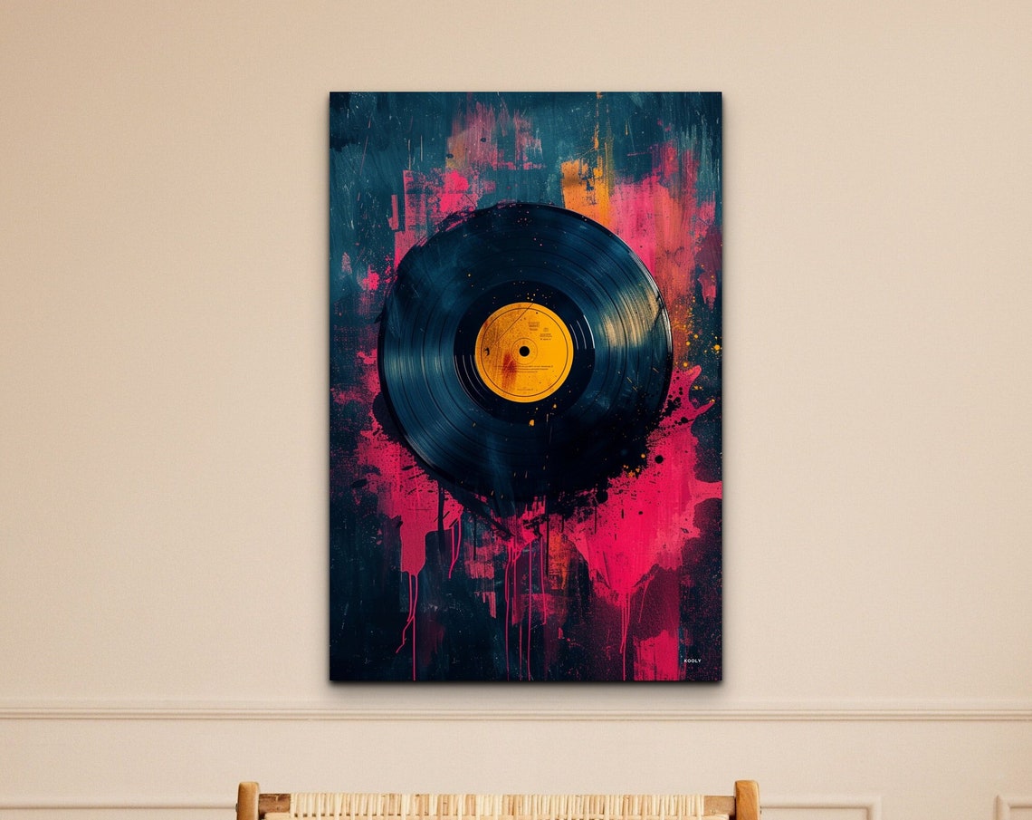 Vinyl Record Pop Art Dark Pink Blue Music Room Wall Decor Poster