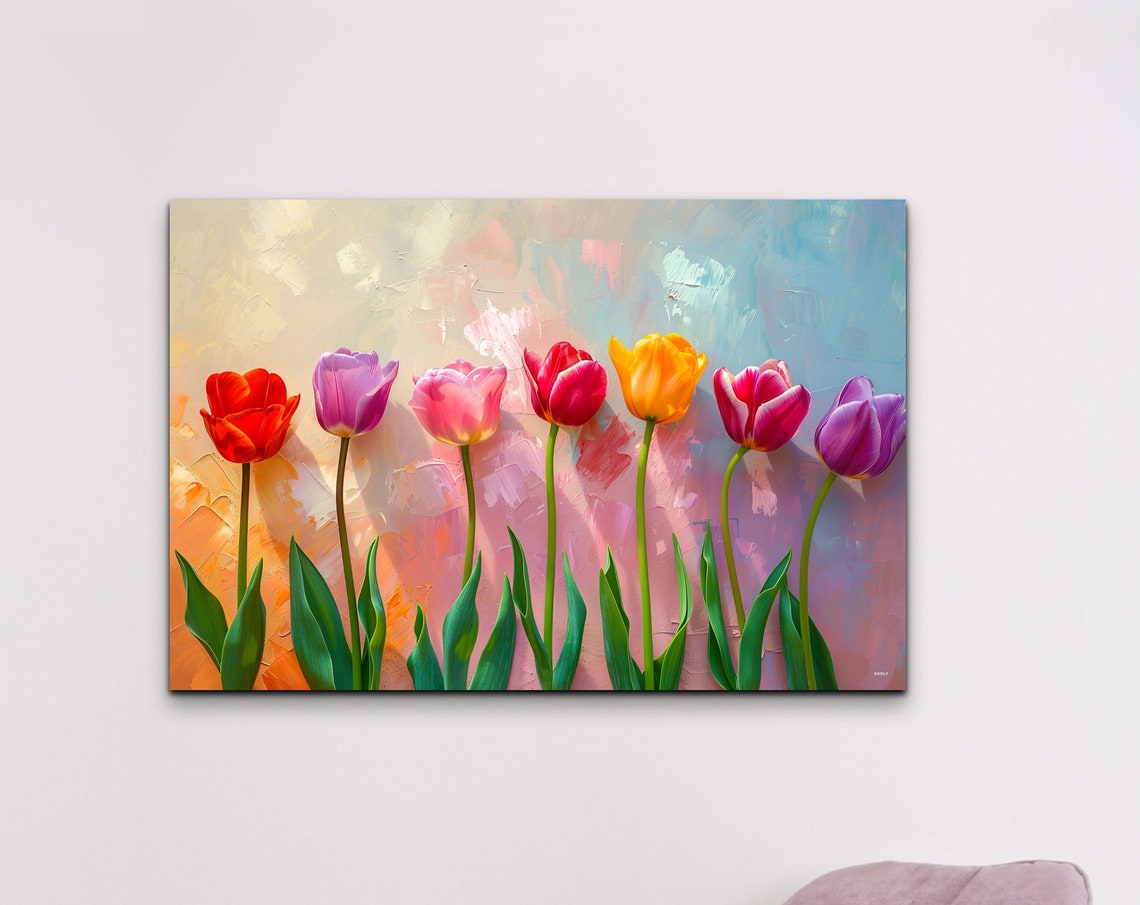 Seven Rainbow Tulips Row Pastel Background Floral Art Poster