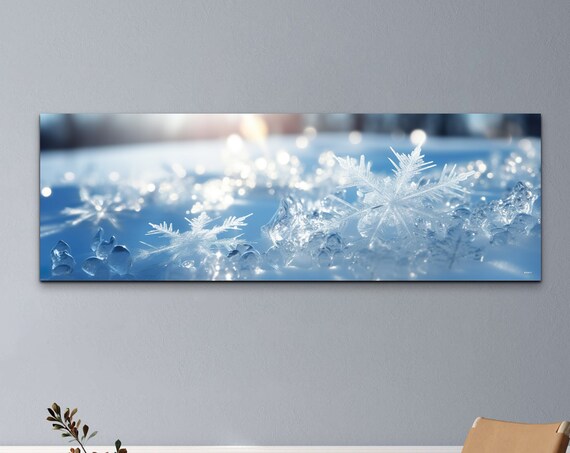 Macro Snowflake On Ice Crystals Blue Winter Panoramic Art Poster