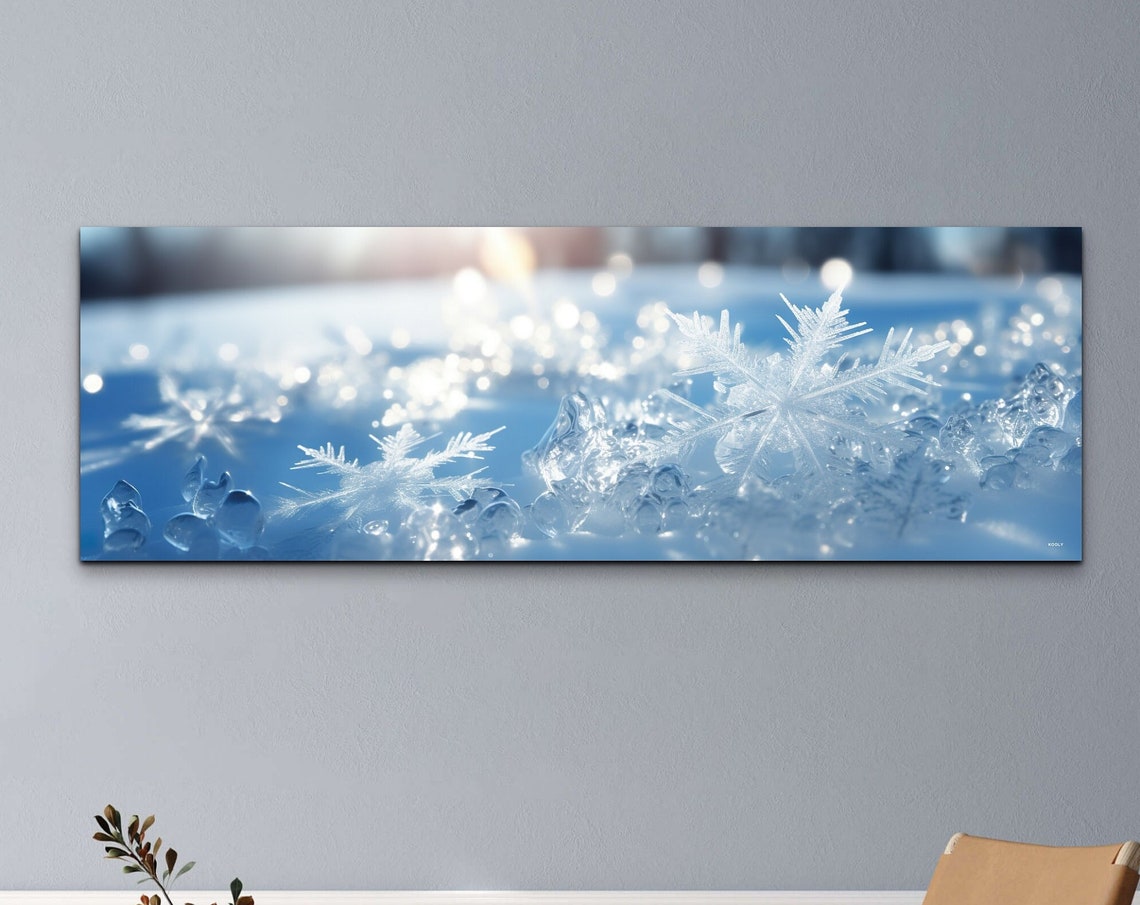 Macro Snowflake On Ice Crystals Blue Winter Panoramic Art Poster