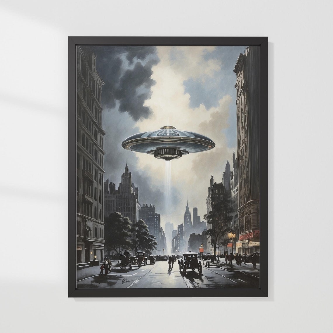 Ufo Over 1930s New York City Light Beam Vintage Sci Fi Wall Poster