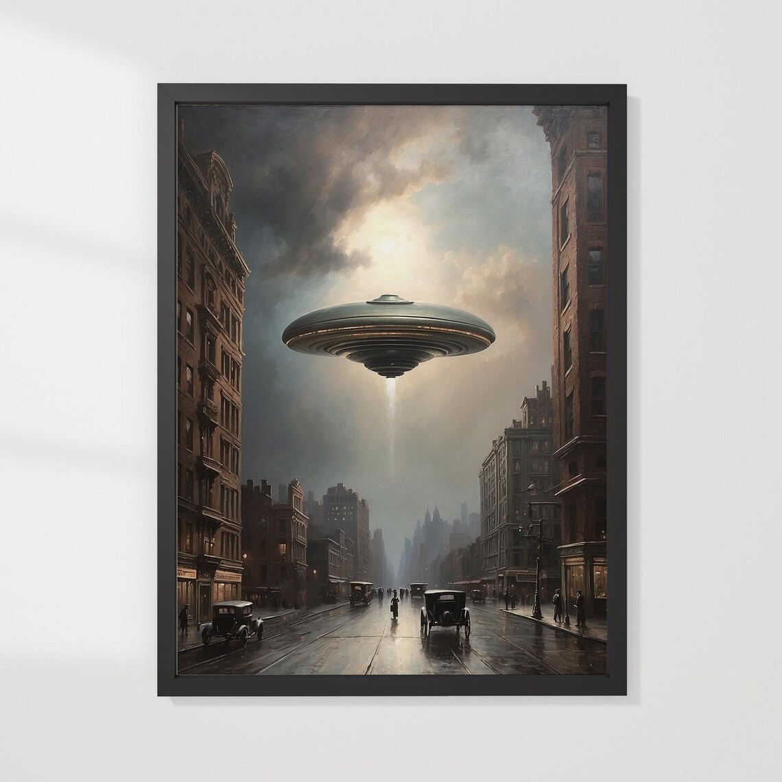 Ufo Over 1930s New York Rain Street Vintage Sci Fi Oil Painting Poster